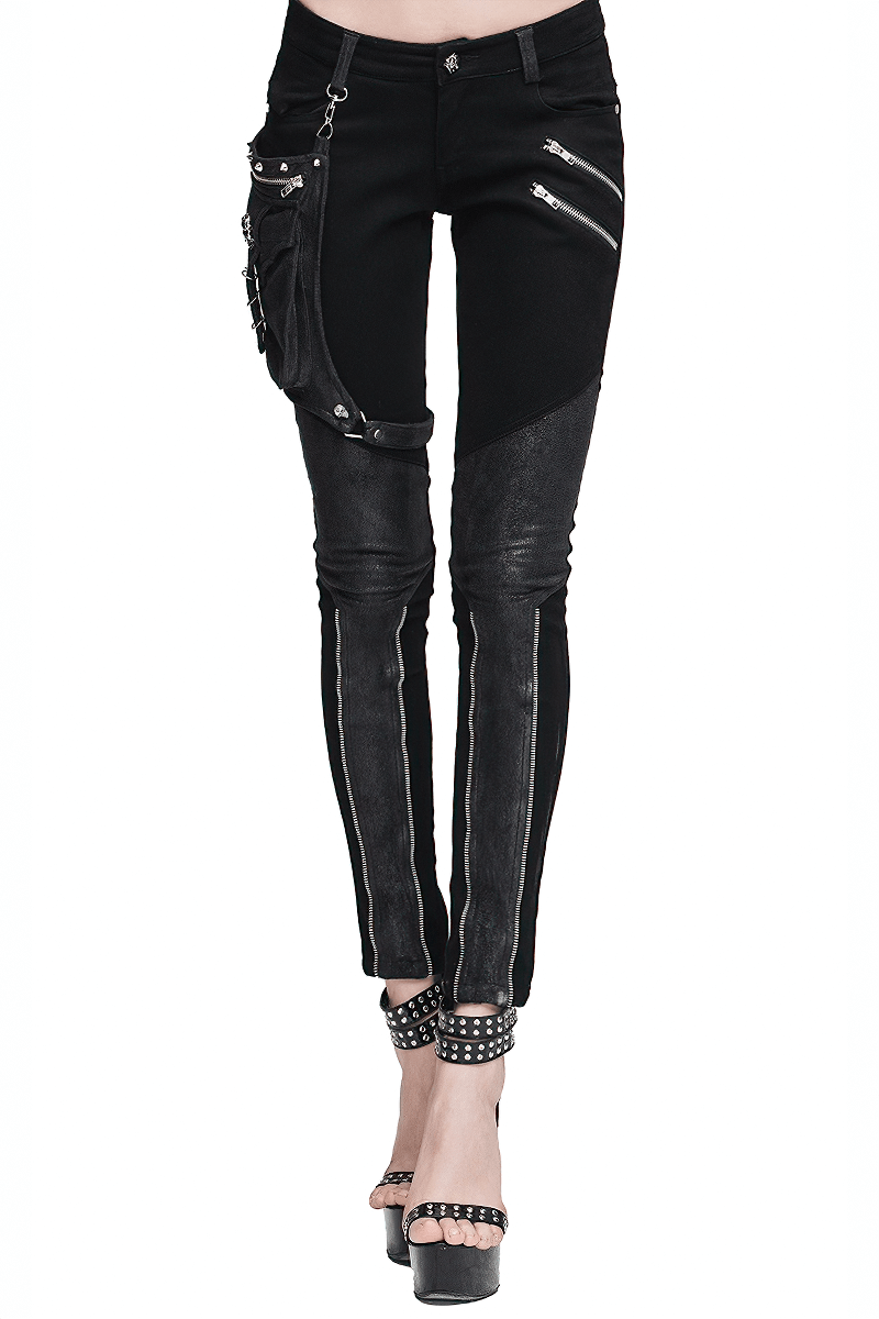Women's punk spliced black pants with stylish belt pockets and zippers, perfect for a rock-inspired look.
