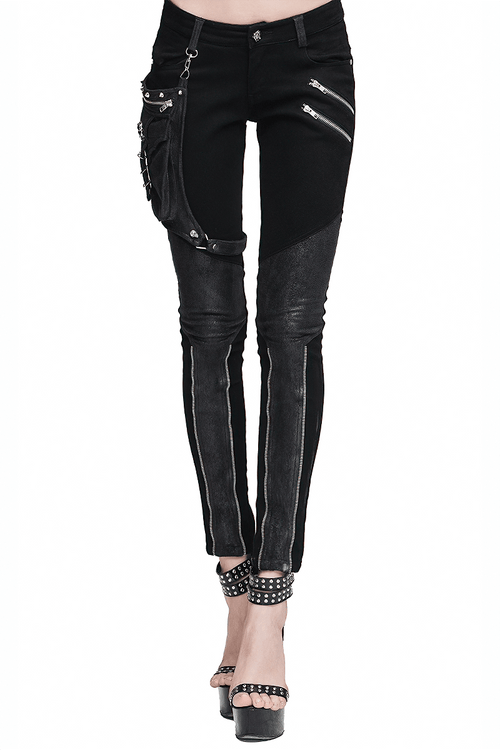 Punk-Spliced-Hose für Damen / Rock-schwarze Hose mit Gürteltasche / Motorrad-Stretch-Bleistifthose
