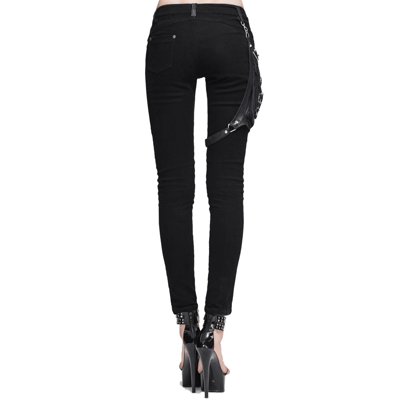 Back view of women's punk spliced black pants with belt pocket, featuring a form-fitting cut and stylish design.