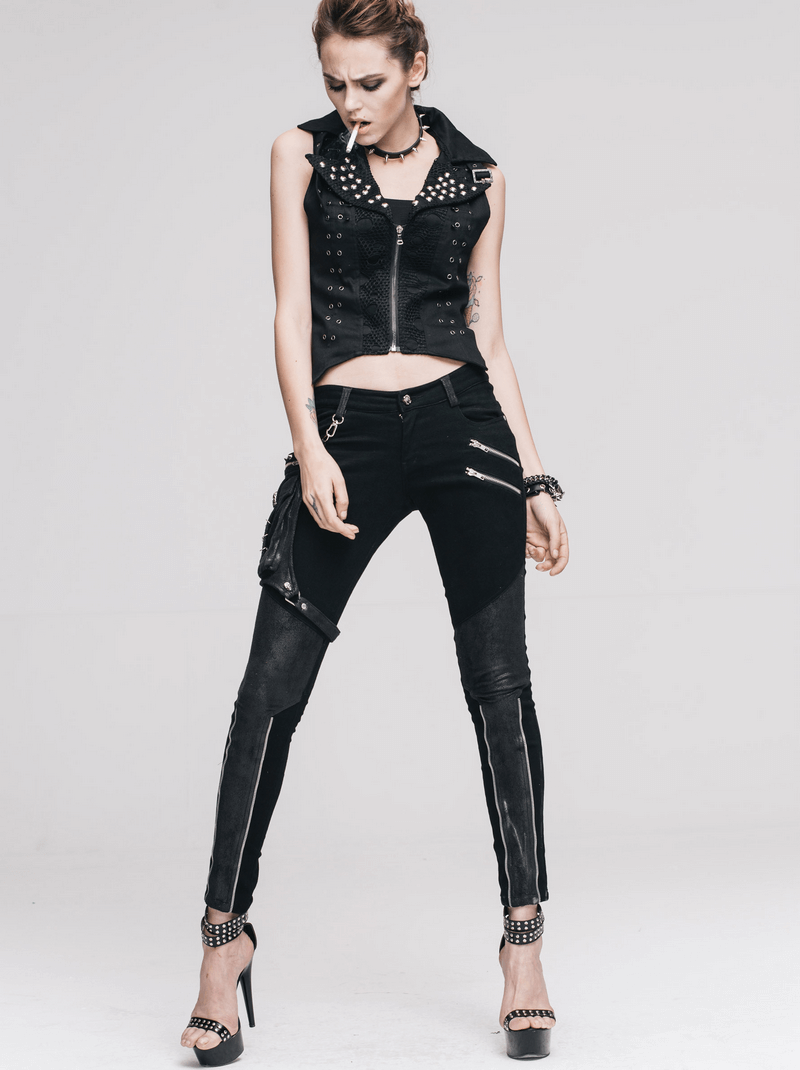 Stylish punk spliced pants for women with a fitted cut and creative inserts, paired with a studded vest.