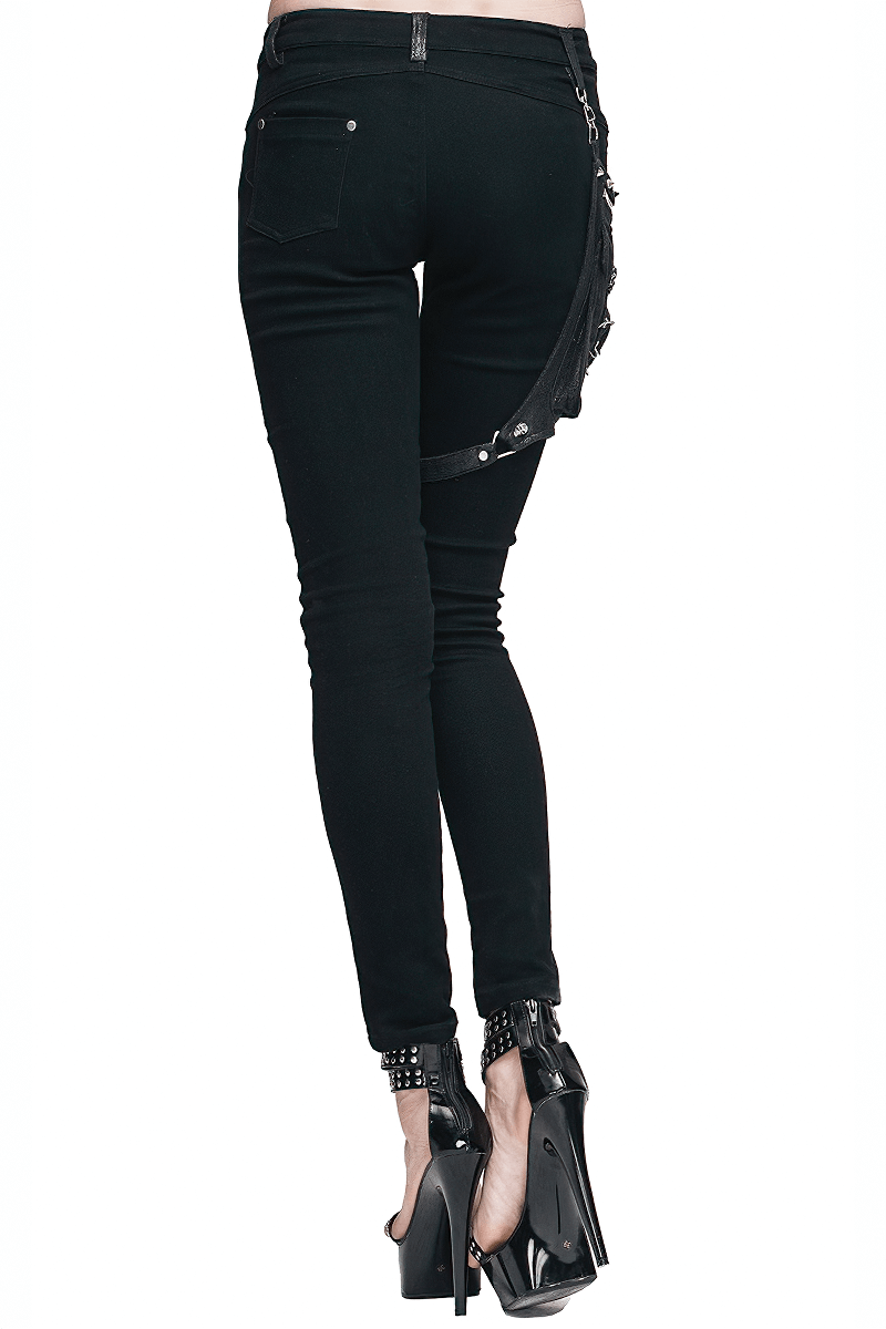 Punk Spliced Pants for Women / Rock Black Trousers With Belt Pocket / Motorcycle Stretchy Pencil Pants - HARD'N'HEAVY