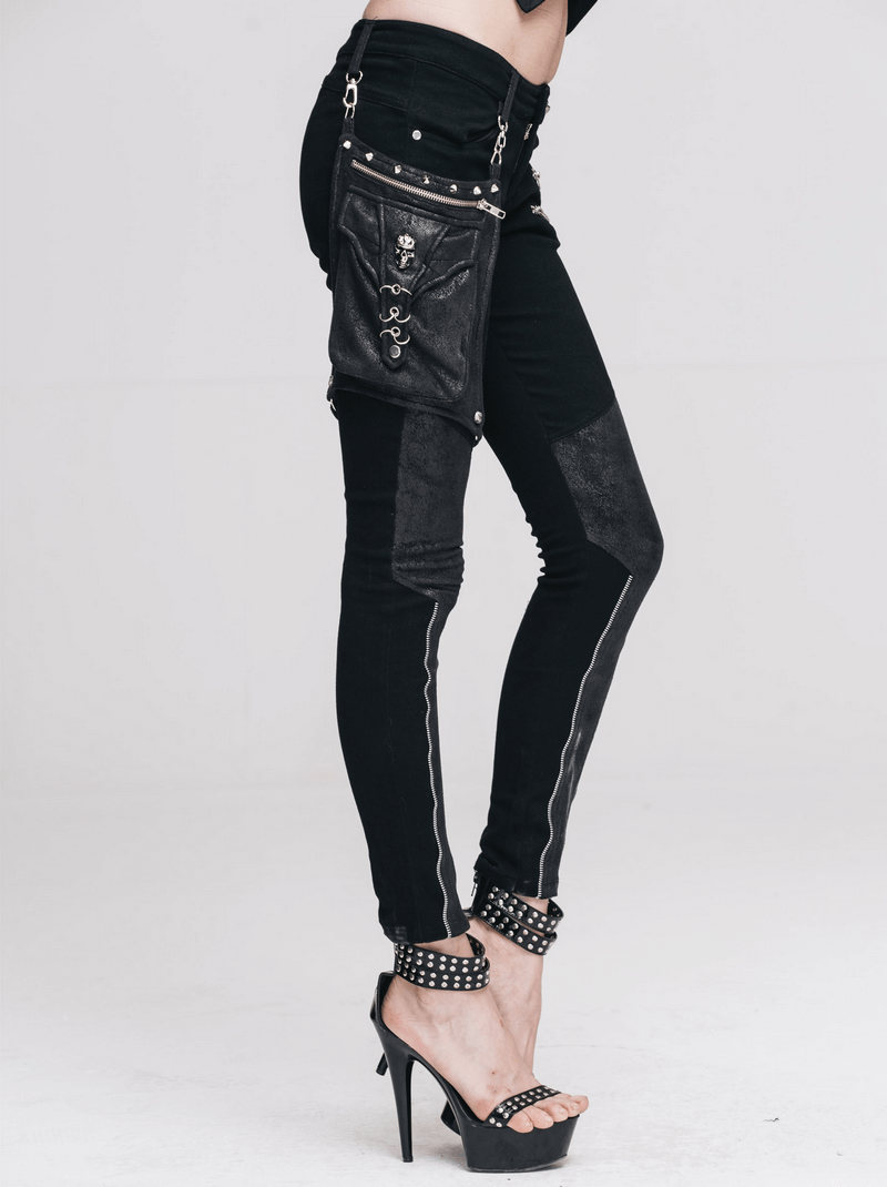 Stylish women's punk spliced pants in black with belt pocket and unique inserts, perfect for a bold look.