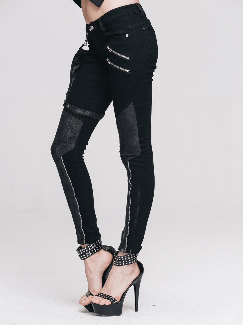 Punk spliced black pants for women with stylish zippers and belt pocket, perfect for a rock-inspired look.