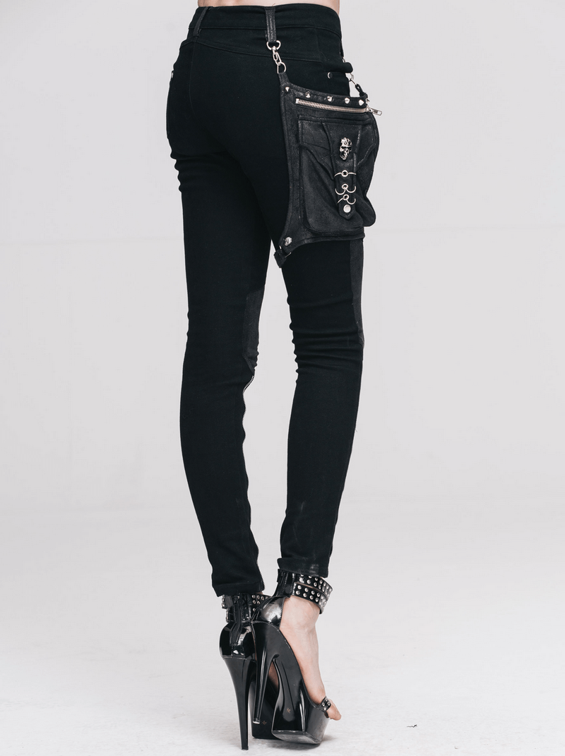 Back view of women's punk spliced black pants with stylish belt pocket and high heels.