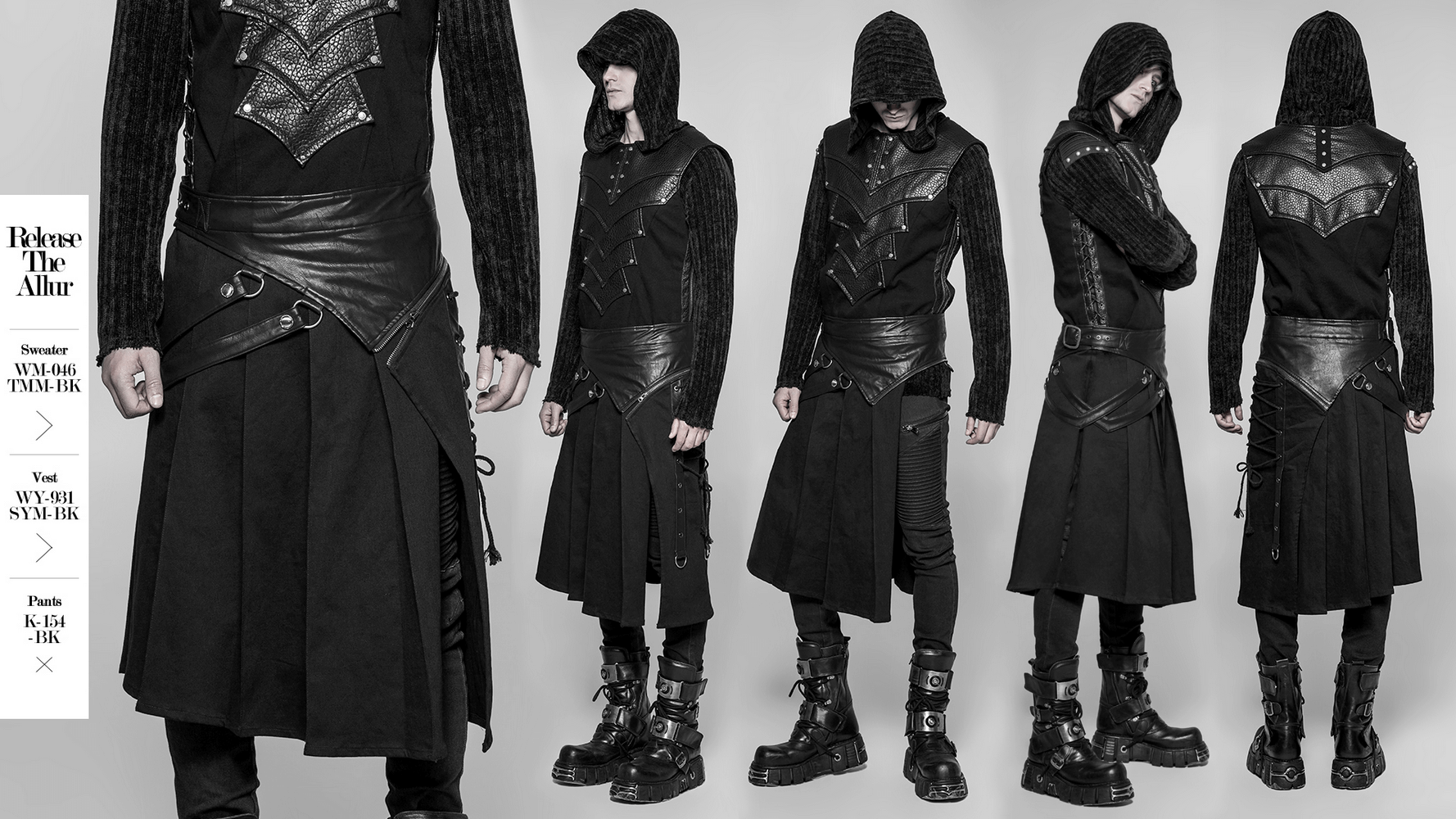 Punk spliced PU leather half kilt skirt showcasing adjustable buckle and side pockets for a bold, edgy look.