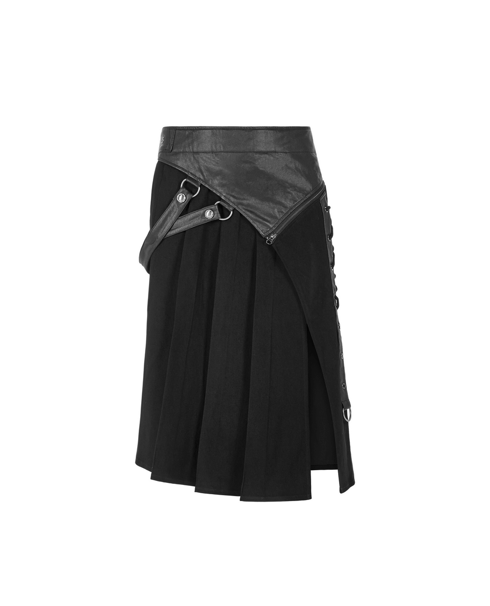 Punk Spliced PU Leather Detachable Half Kilt Skirt with adjustable buckle and side pockets for a bold rebel look.