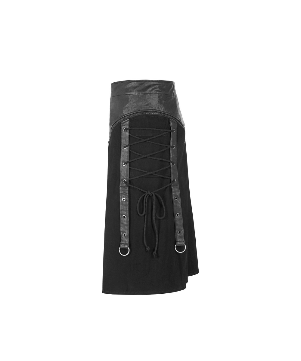 Punk spliced PU leather detachable half kilt skirt with lace-up back and adjustable buckle for a rebellious look.