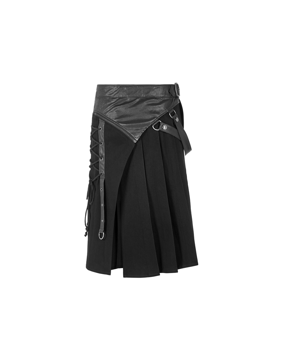 Punk spliced PU leather detachable half kilt skirt with adjustable buckle and side pockets, perfect for raves.