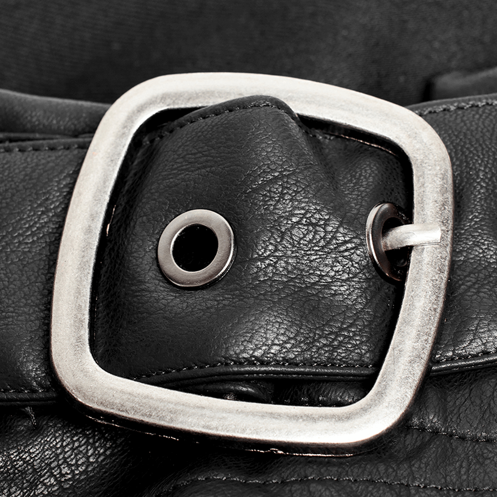 Close-up of adjustable silver buckle on punk spliced PU leather skirt, showcasing edgy design and craftsmanship.