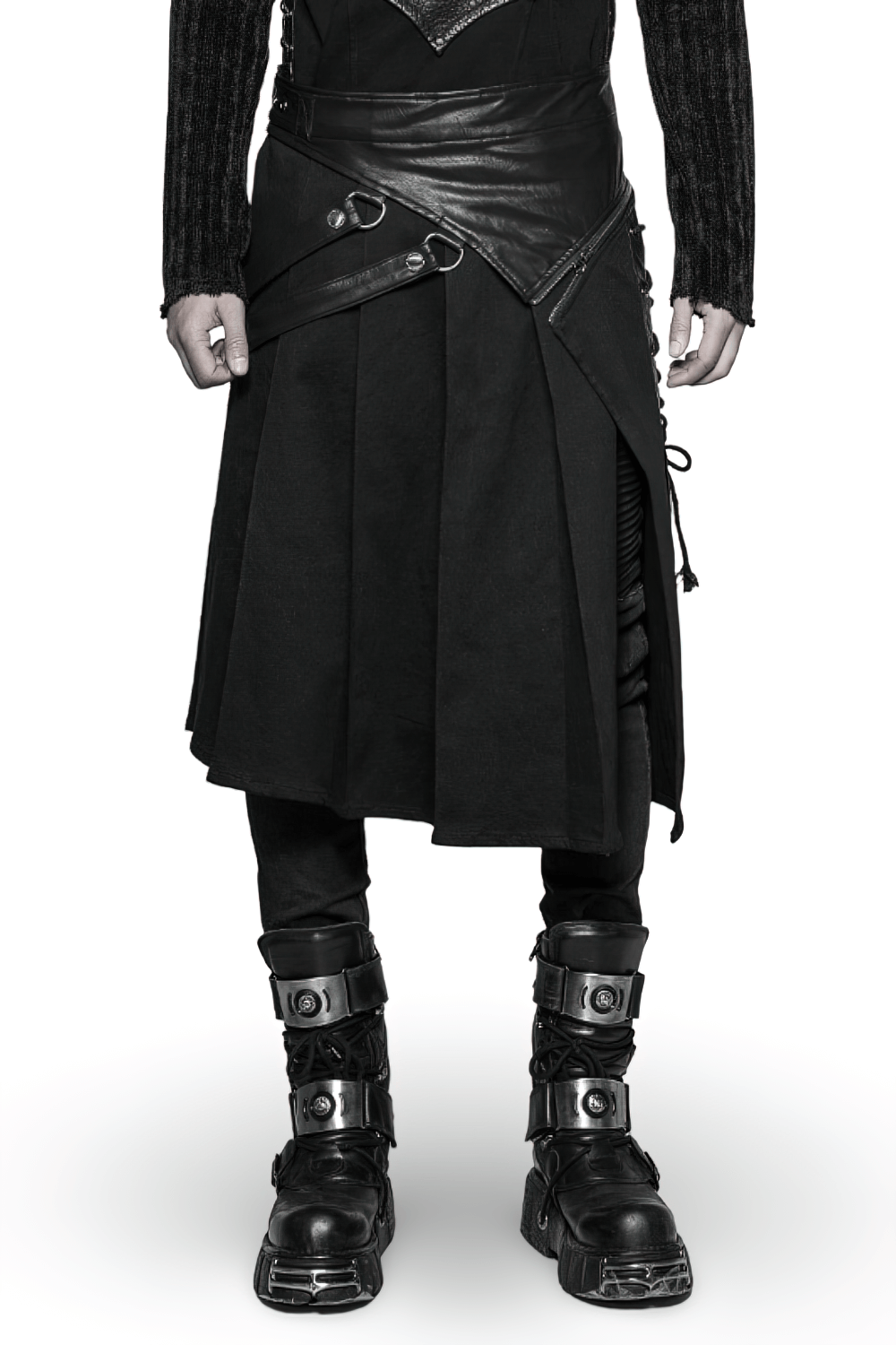 Punk spliced PU leather detachable half kilt skirt with adjustable buckle, paired with edgy combat boots.