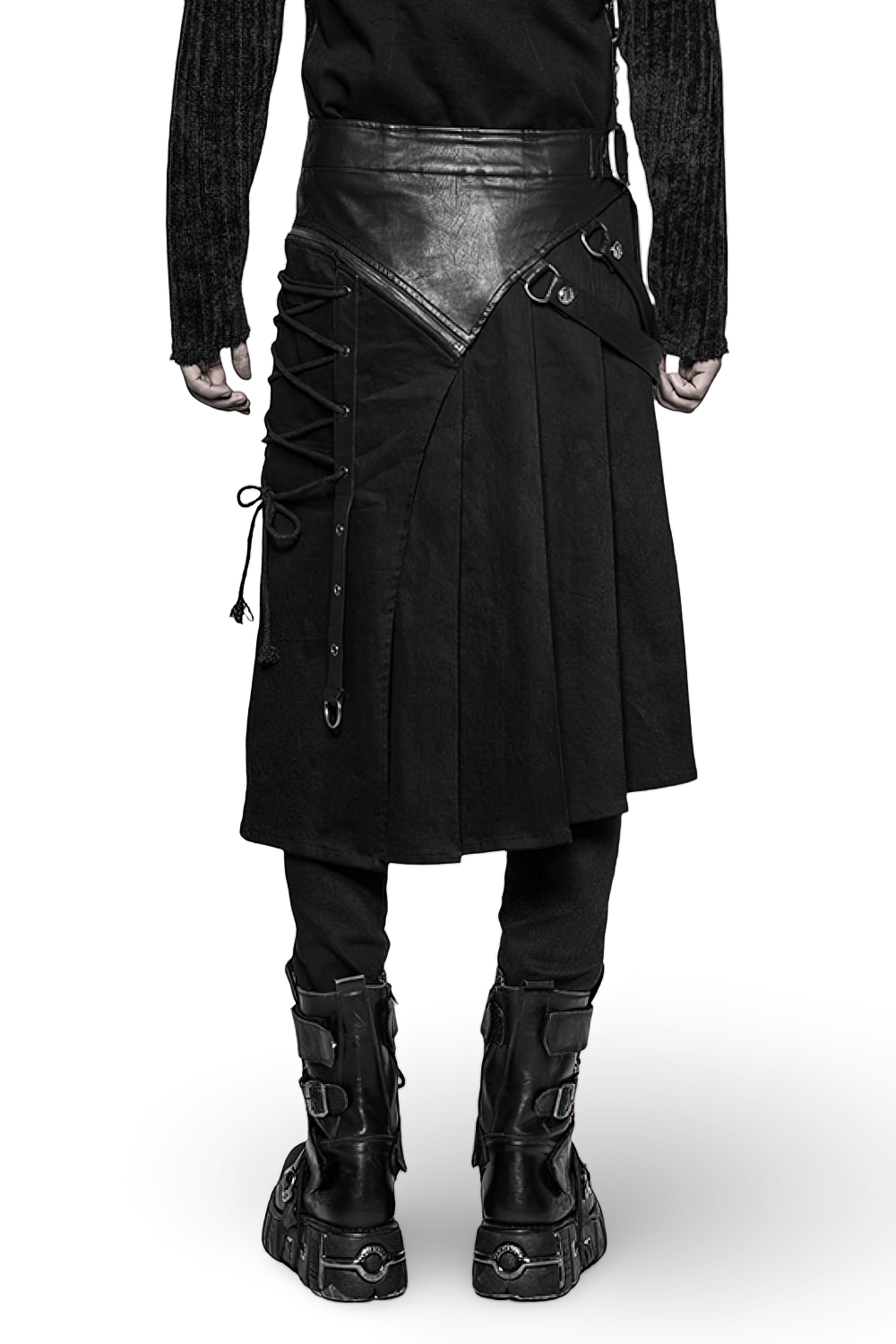 Back view of a punk spliced PU leather detachable half kilt skirt with adjustable buckle and side pockets.