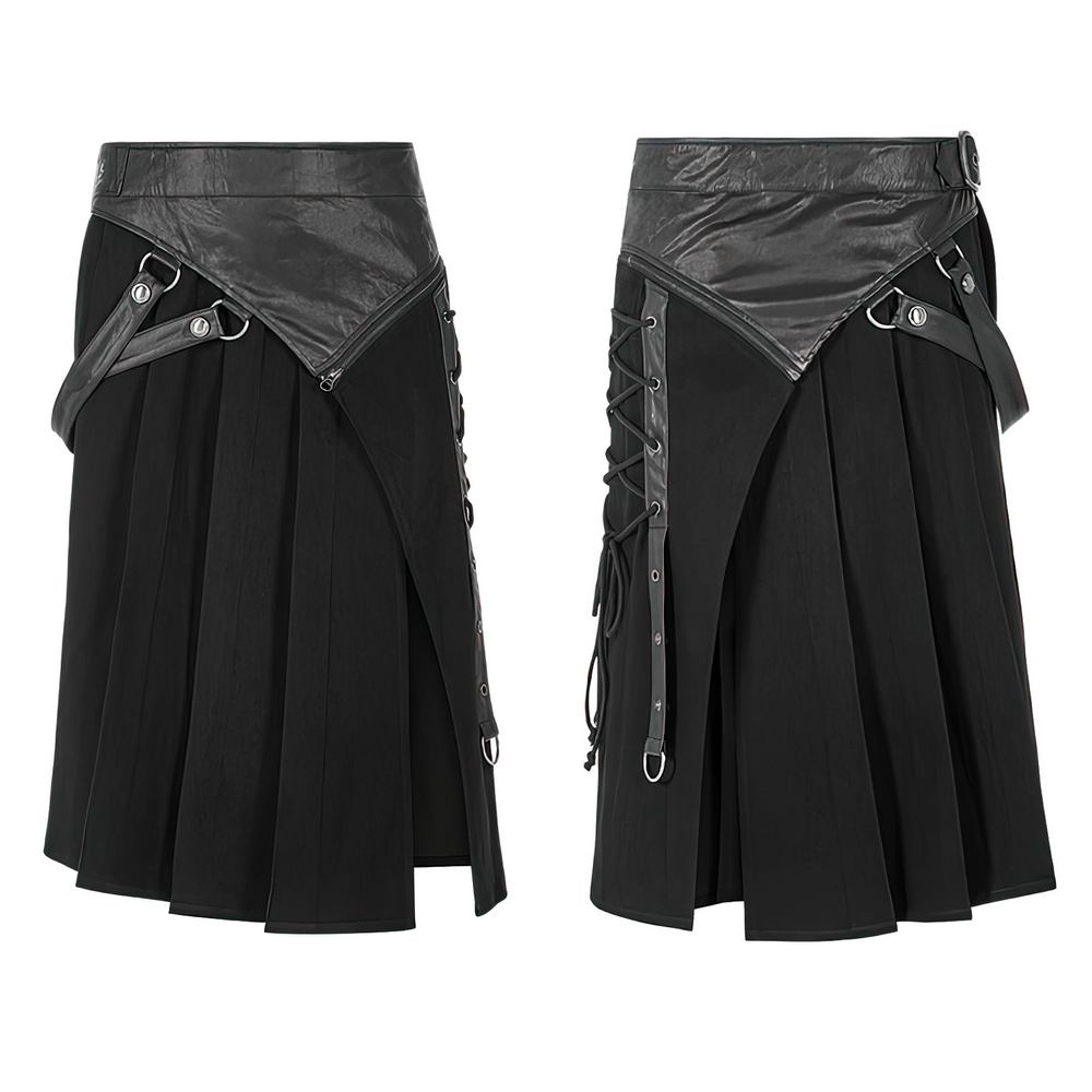 Punk spliced PU leather detachable half kilt skirt with adjustable buckle and side pockets for a bold edgy look.