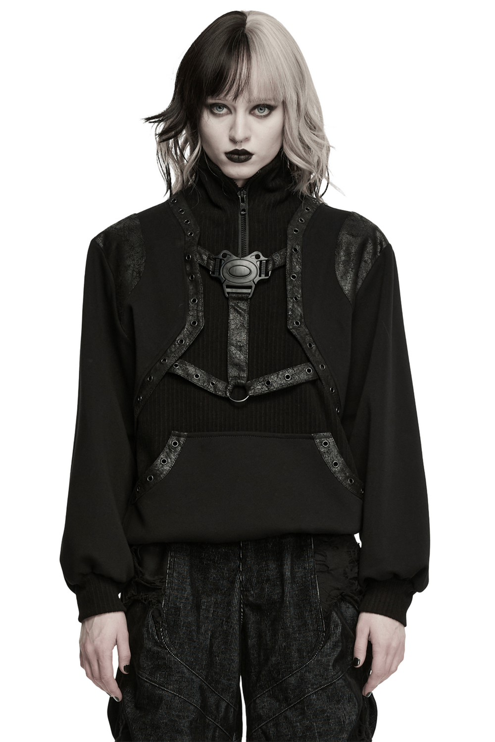 Punk Stand Collar Sweatshirt with Harness Buckle
