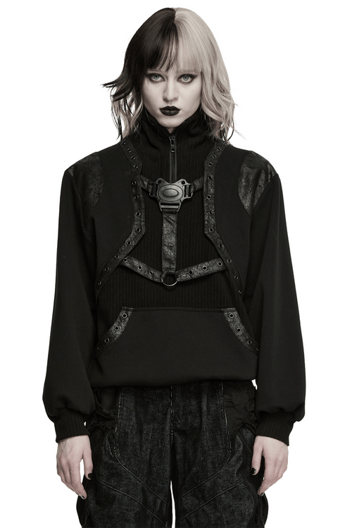Punk-Sweatshirt mit Stehkragen und Harness-Schnalle
