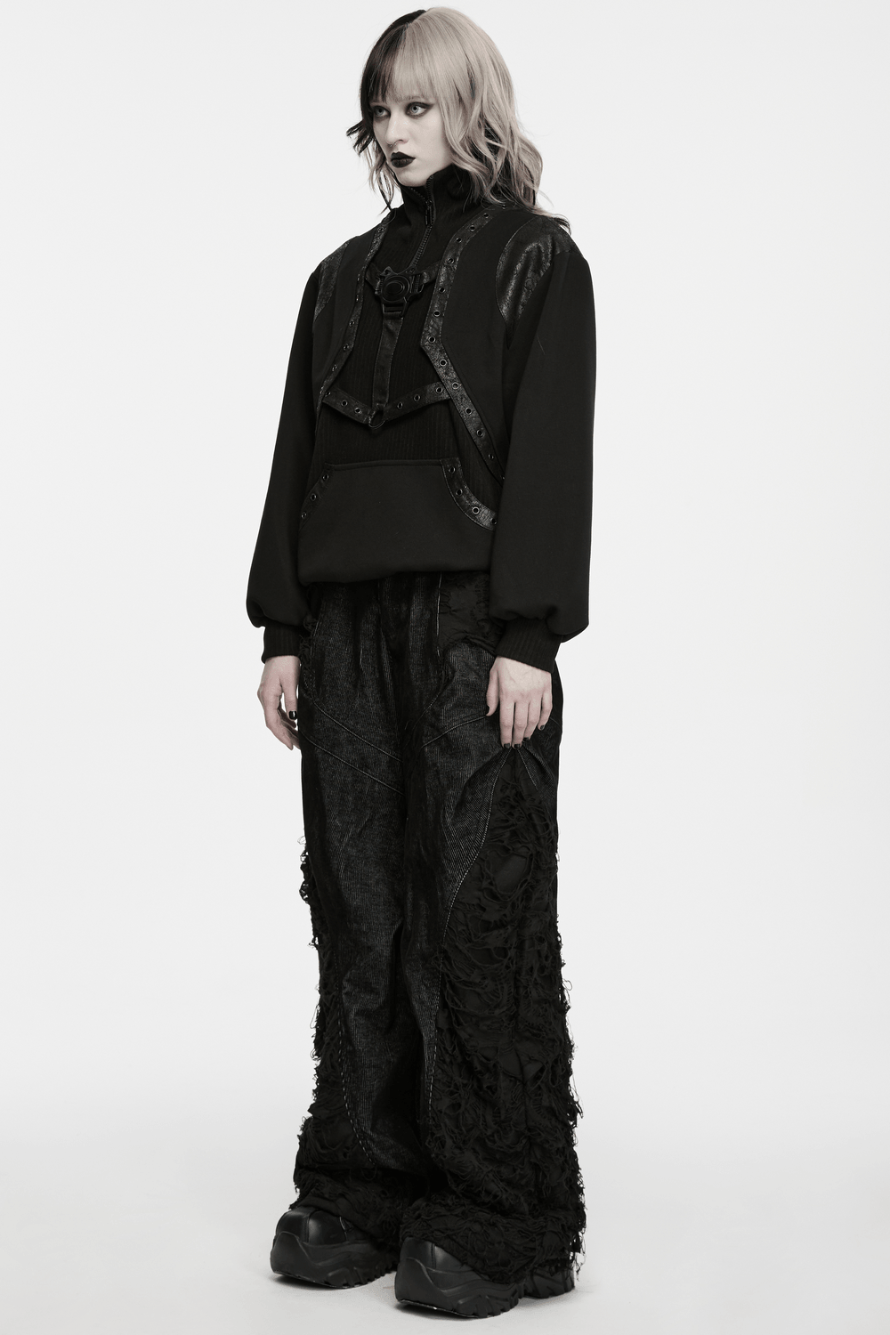 Punk Stand Collar Sweatshirt with Harness Buckle