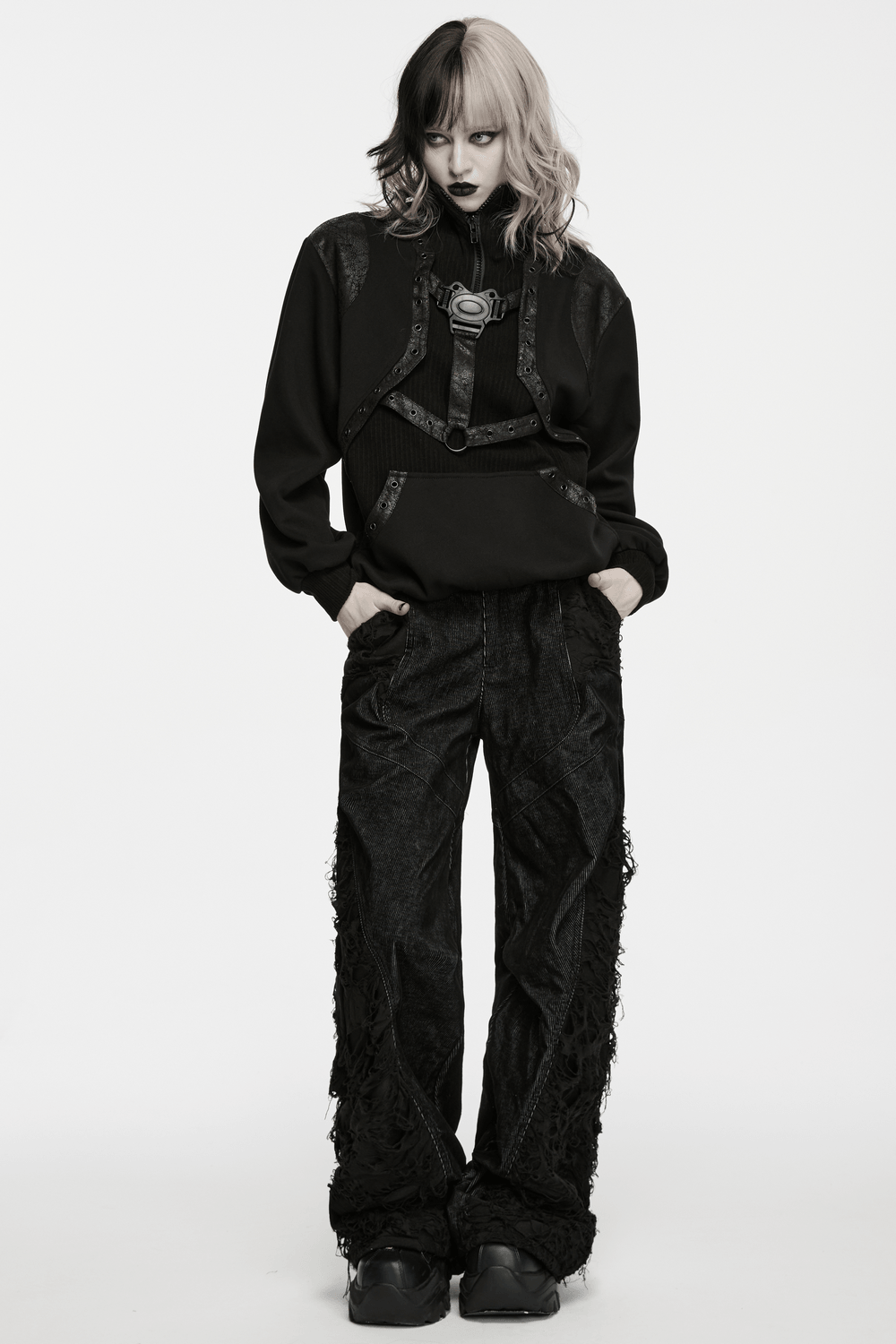 Punk Stand Collar Sweatshirt with Harness Buckle