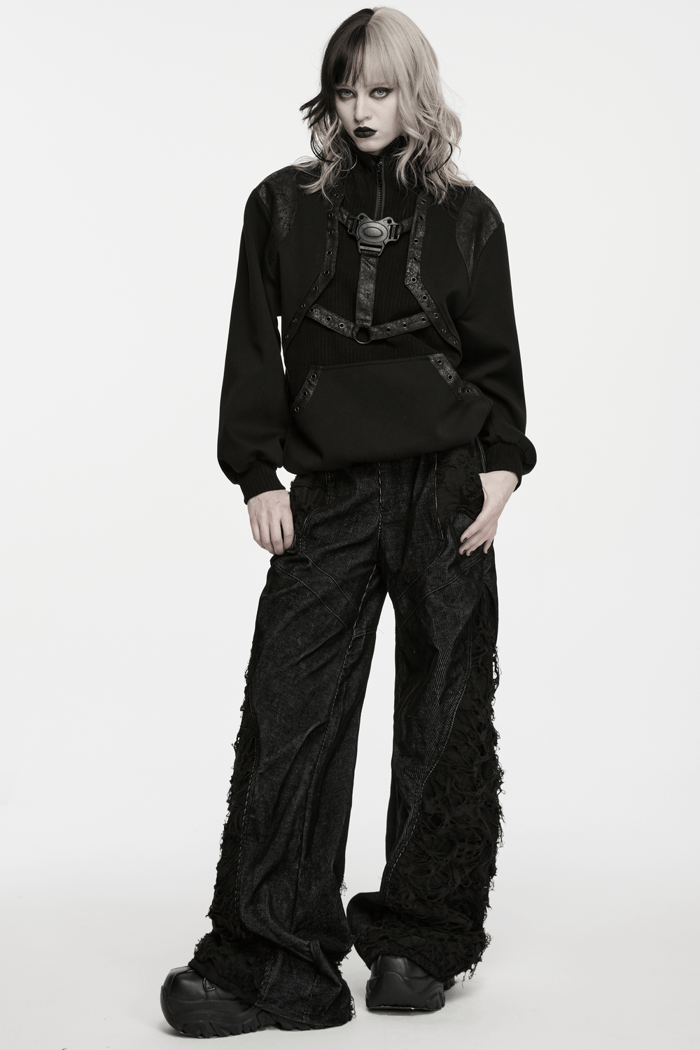 Punk Stand Collar Sweatshirt with Harness Buckle