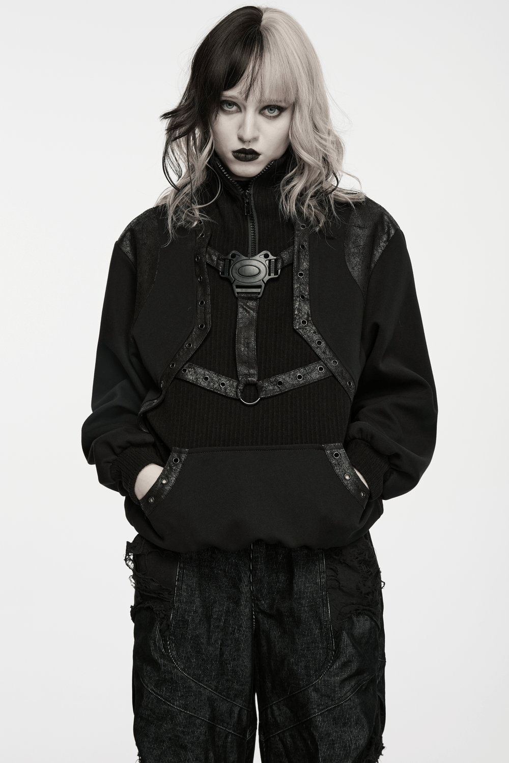 Punk Stand Collar Sweatshirt with Harness Buckle