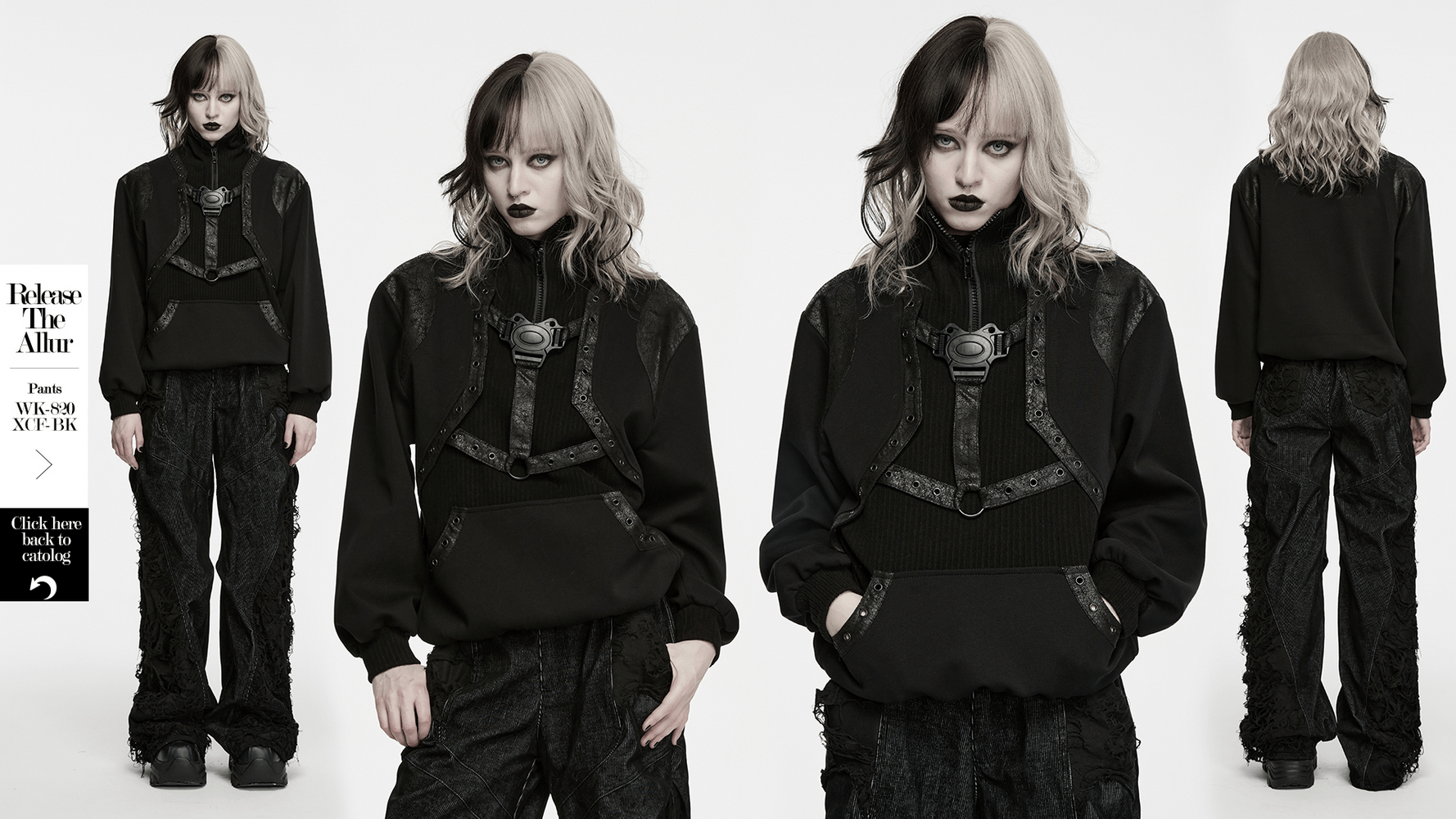 Punk Stand Collar Sweatshirt with Harness Buckle