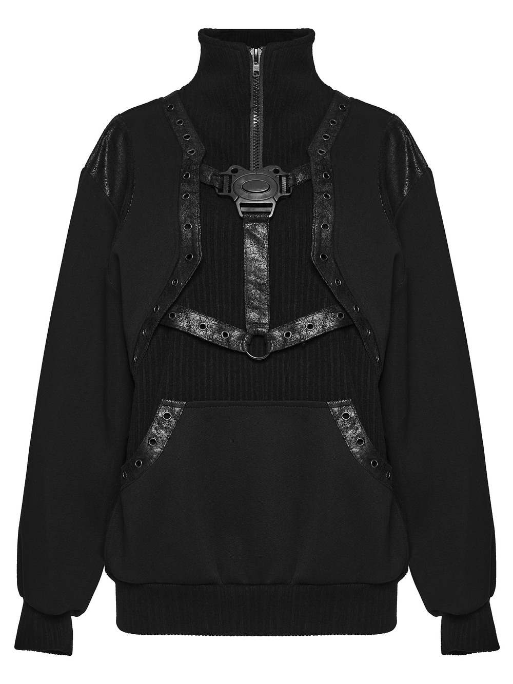 Punk Stand Collar Sweatshirt with Harness Buckle