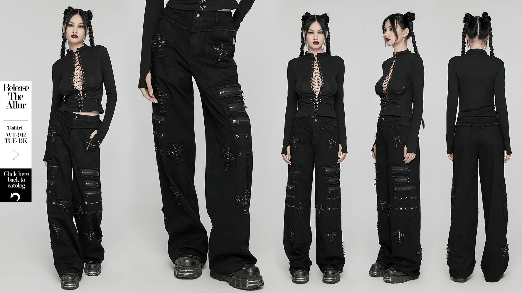 Punk straight-leg denim pants with cross patch details and zipper accents, showcasing a bold gothic style.