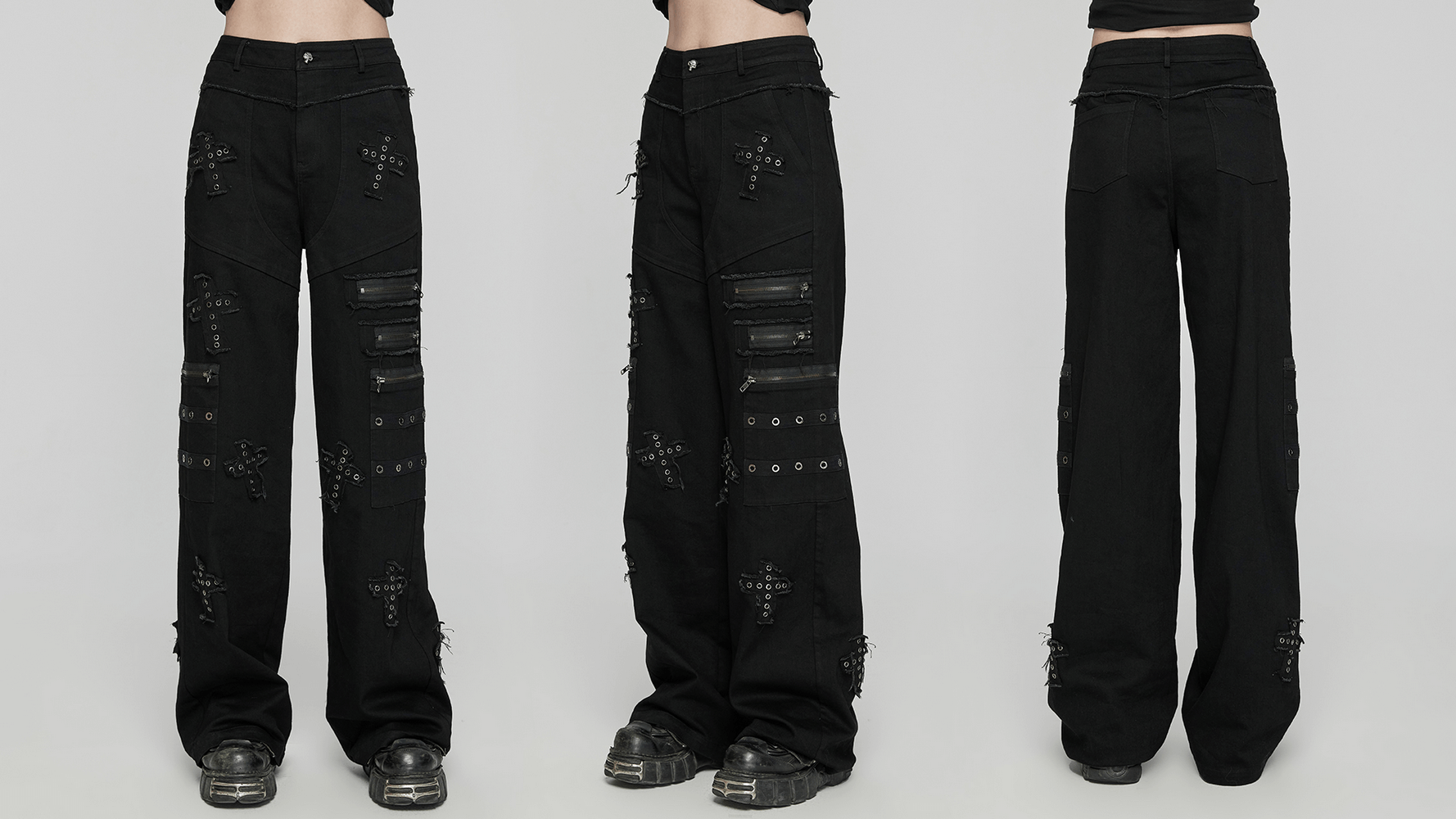 Punk straight-leg denim pants with cross patches and zipper details, showcasing a bold gothic style.