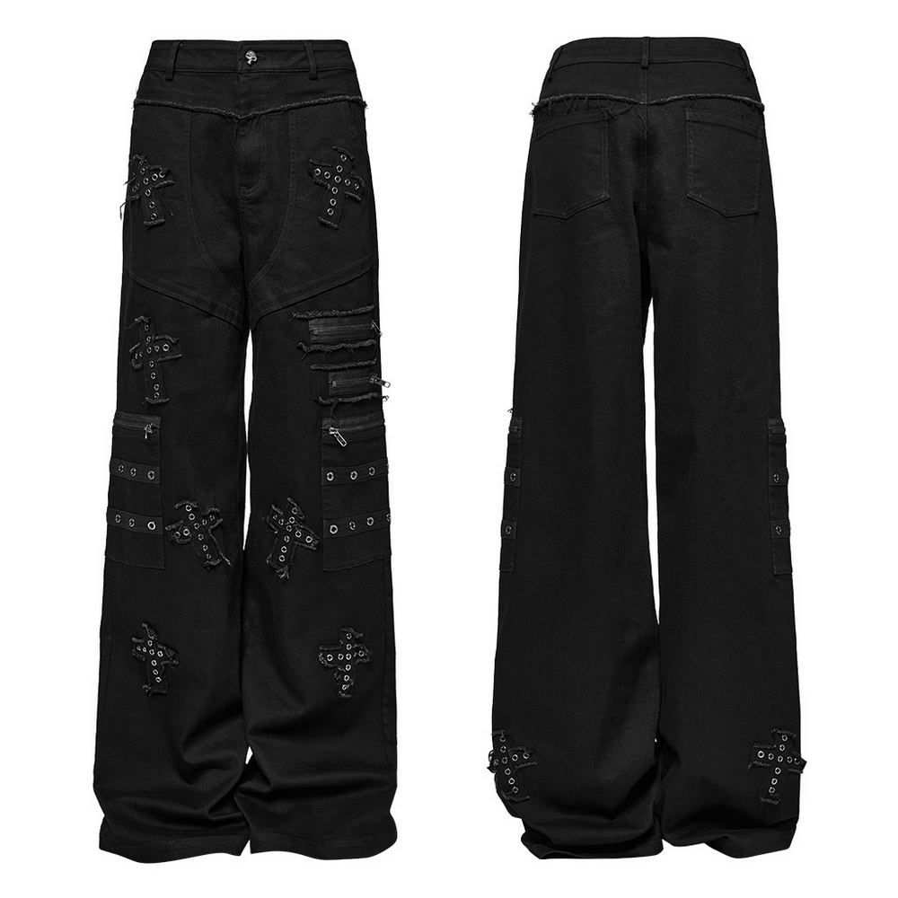 Punk straight-leg denim pants with cross patches and zipper accents, featuring a loose fit and bold 3D structured design.