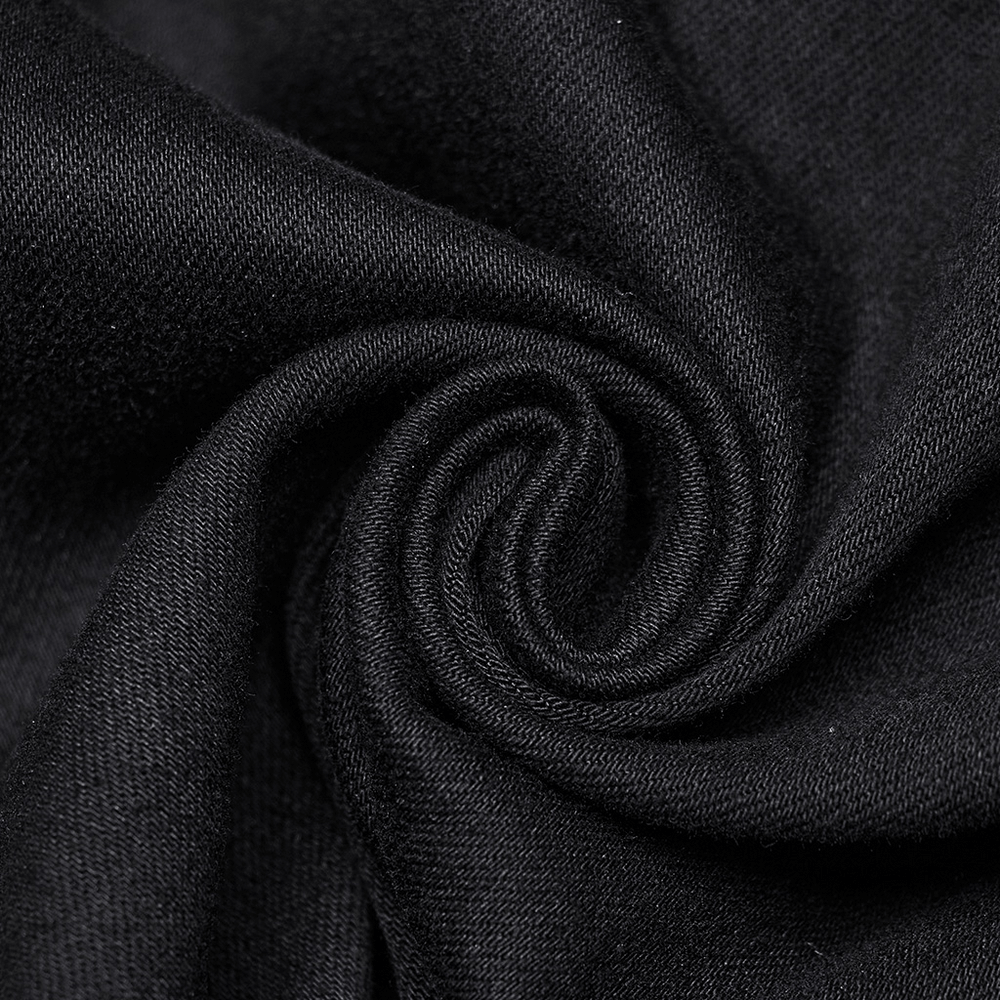 Close-up of black micro-elastic twill fabric, showcasing softness and smooth texture, ideal for punk-inspired denim pants.