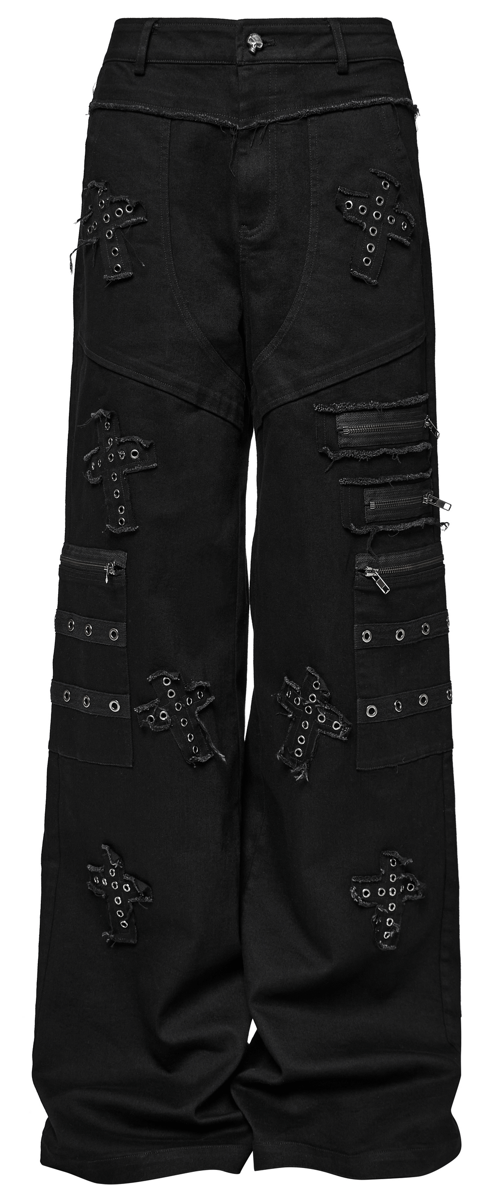 Pantalon en denim à jambe droite punk avec détails de patchs croisés