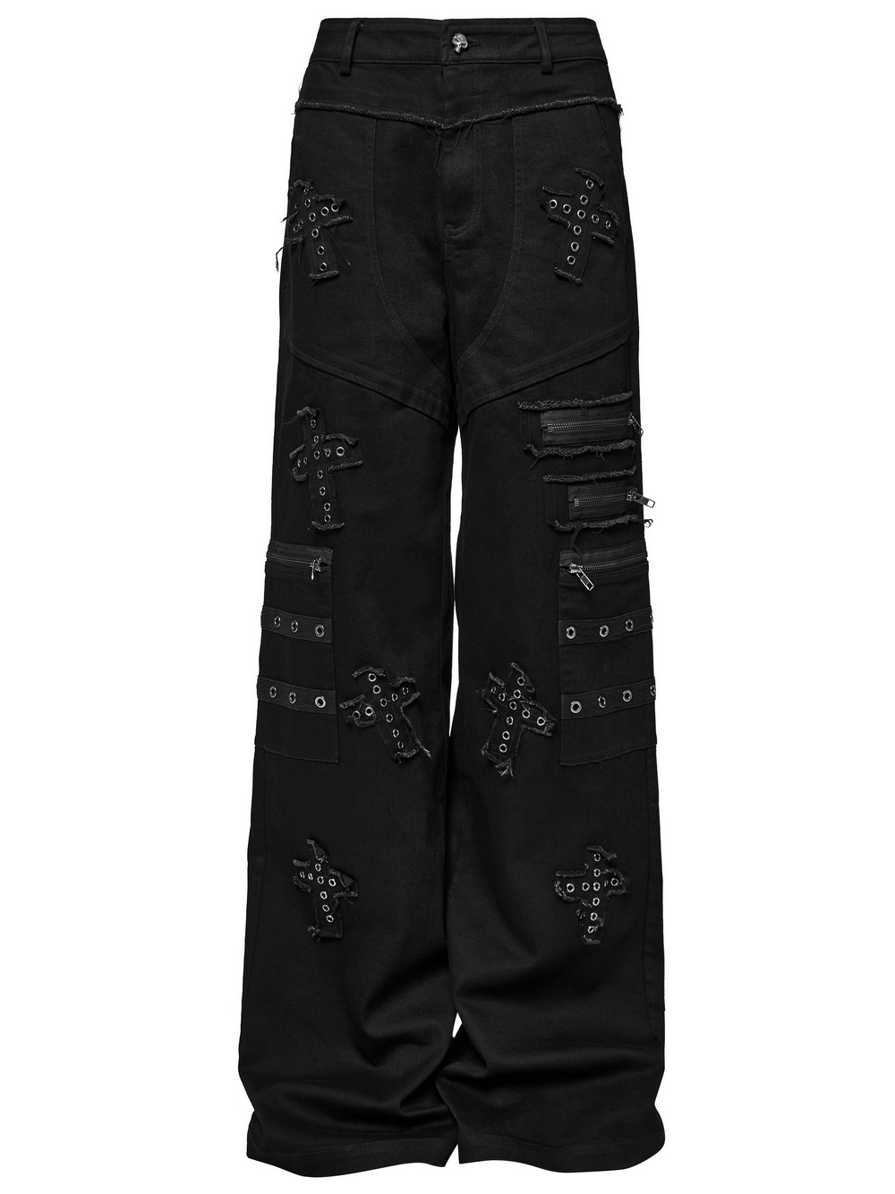 Punk straight-leg denim pants in black with cross patch details and zippers for a bold, rebellious style.