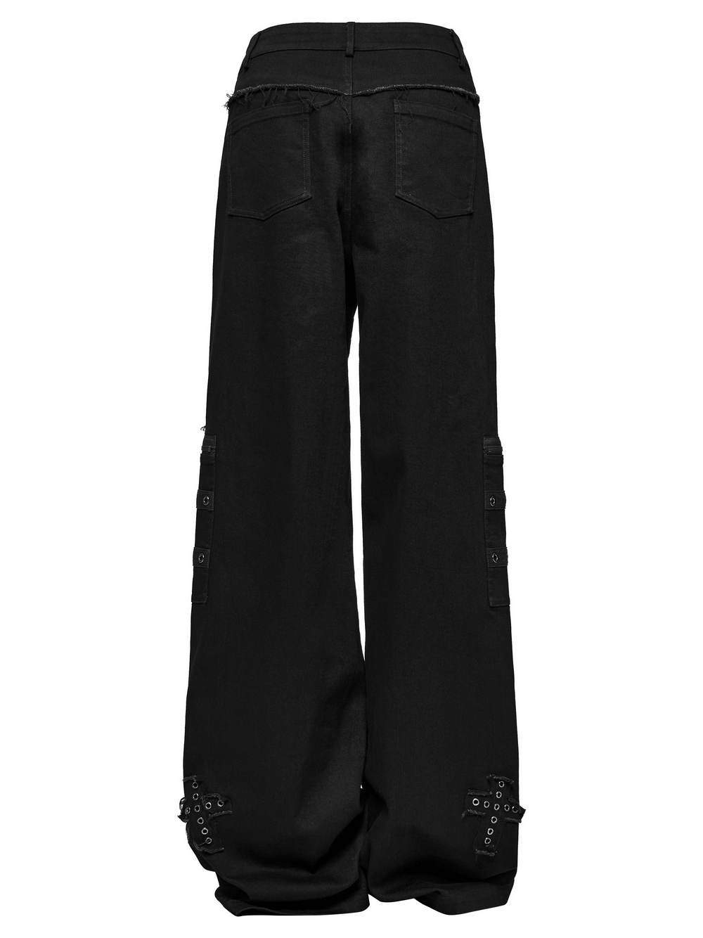 Back view of punk straight-leg denim pants with cross patches and zipper details.
