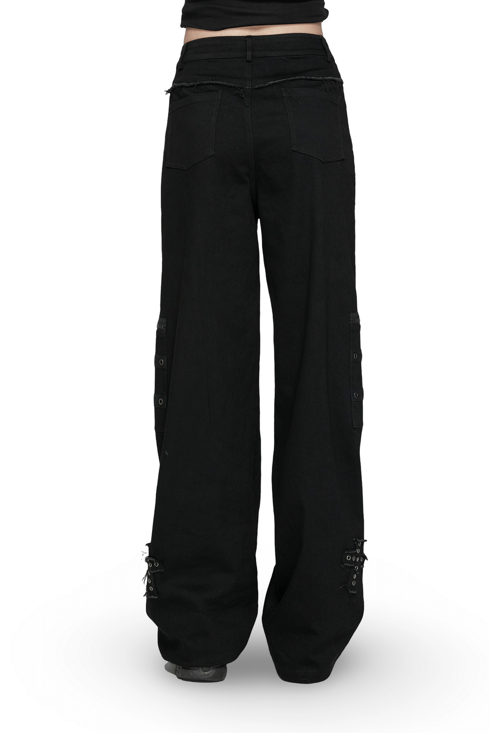 Punk straight-leg denim pants with cross patches and metal zipper pockets, showcasing a bold, edgy design.