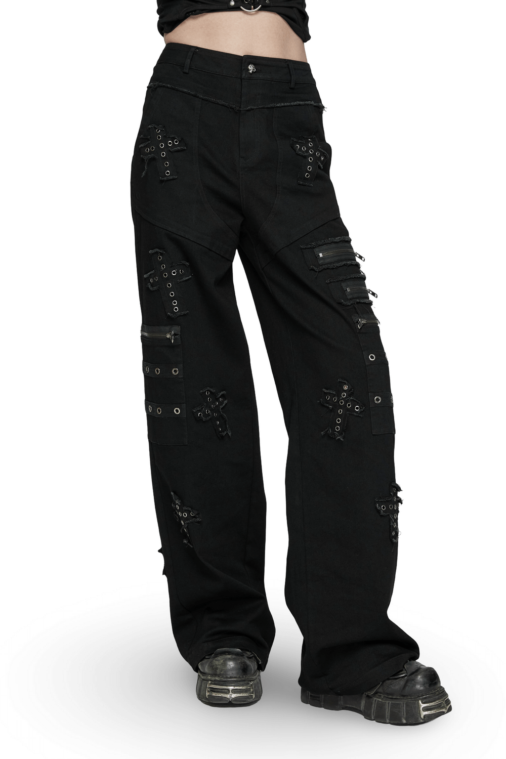 Punk straight-leg denim pants with cross patches and zipper details, featuring a bold gothic style.