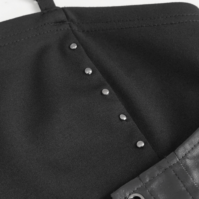 Close-up of black gothic tank top showing punk strappy detail and decorative studs for a bold style statement.