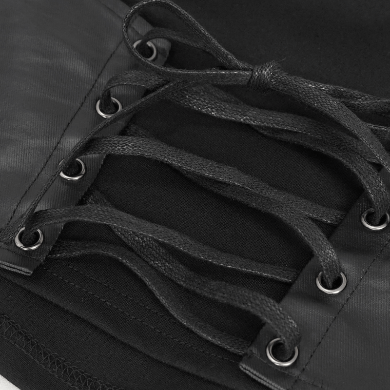 Close-up of black lace-up detail on punk strappy splice camis for women, showcasing edgy style and design.