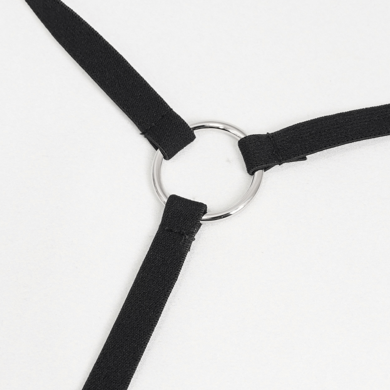 Close-up of black spaghetti straps with a metal ring detail, showcasing punk style and edgy design.