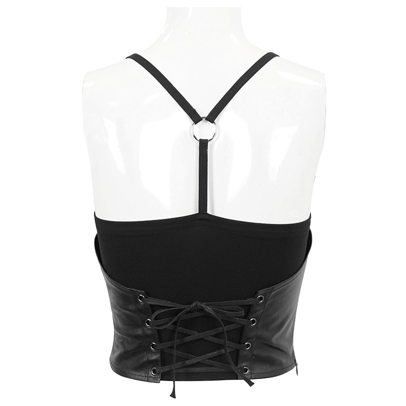 Back view of a black gothic strappy splice tank top with lace-up detail for women.