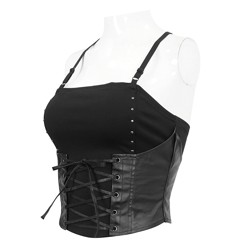 Black gothic strappy camisole with lace-up detail and studs, perfect for a punk-inspired outfit.