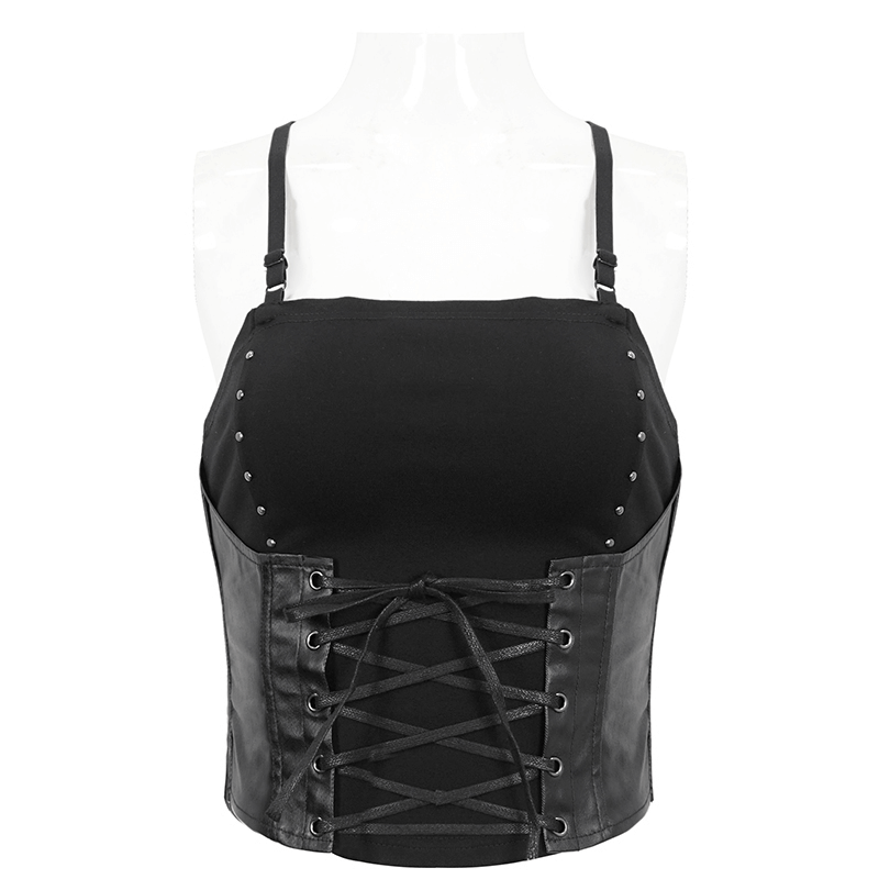 Black gothic spaghetti strap tank top with lace-up detail, perfect for punk style enthusiasts.
