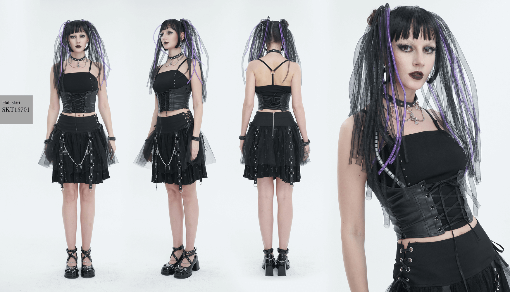 Model showcasing a punk gothic strappy splice camis with lace-up detail and layered skirt, exuding edgy style.