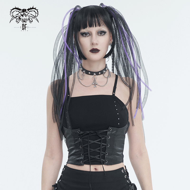Black gothic spaghetti strap tank top with lace-up detail and punk accessories for women.