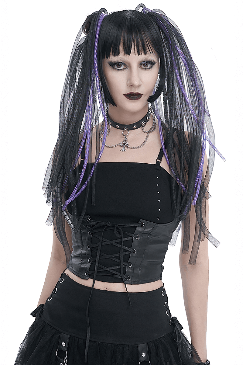 Punk strappy splice camis for women, black gothic spaghetti strap top with lace-up detail and edgy style.
