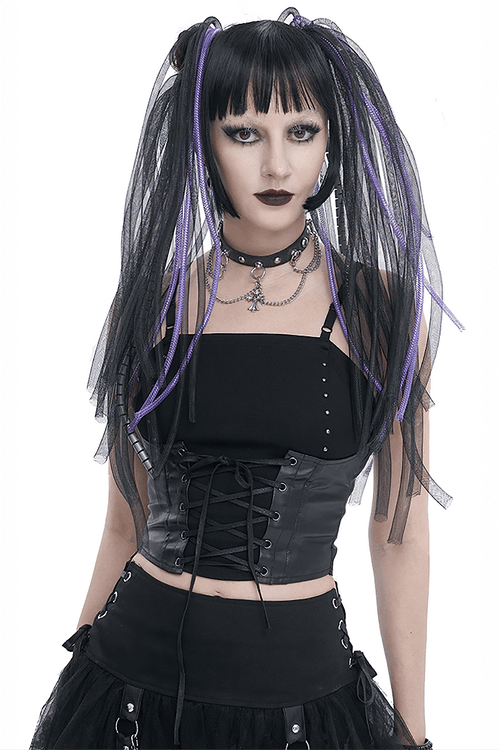 Camisola punk con empalme de tiras para mujer / Camiseta sin mangas gótica negra con tirantes finos y cordones