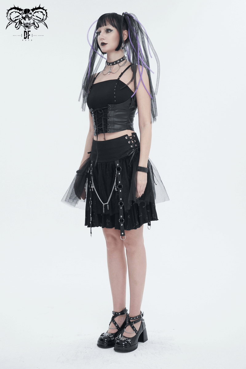 Punk strappy splice camis for women styled with black skirt, showcasing edgy gothic fashion and lace-up details.