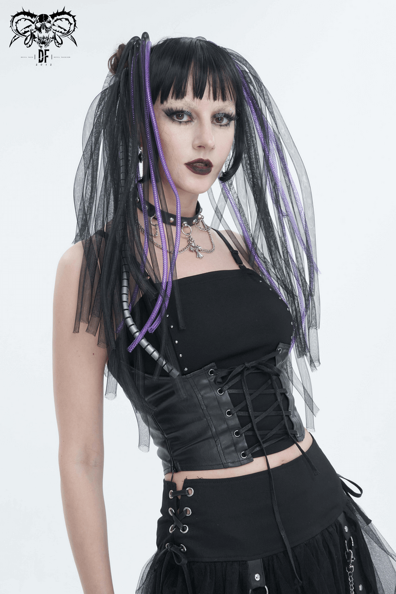 Gothic woman in a black strappy lace-up top with purple accents and long mesh veil, showcasing punk fashion style.