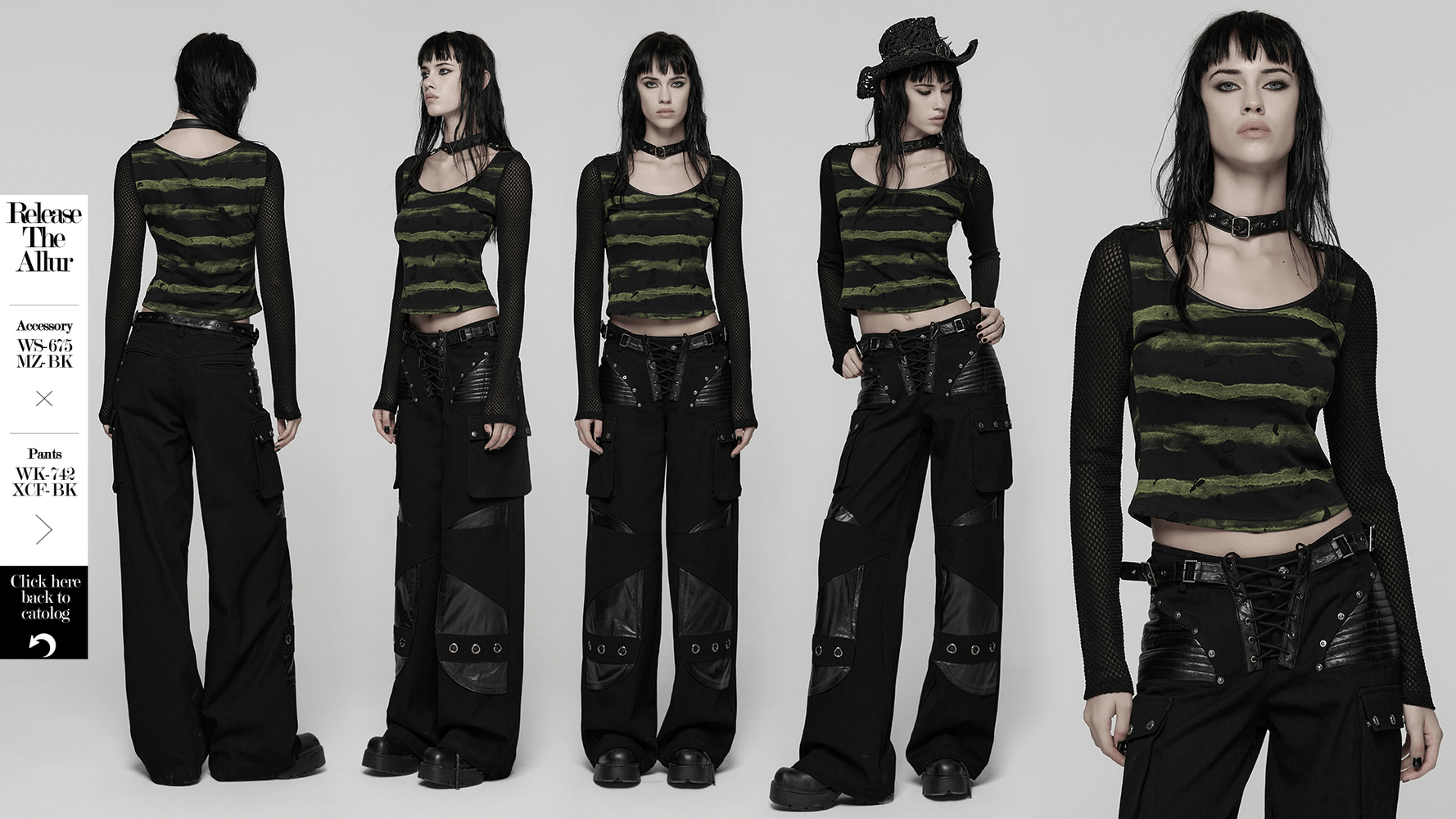 Punk Striped Mesh Long Sleeve Top with Tattered Fabric showcased on model, featuring bold stripes and edgy mesh sleeves.