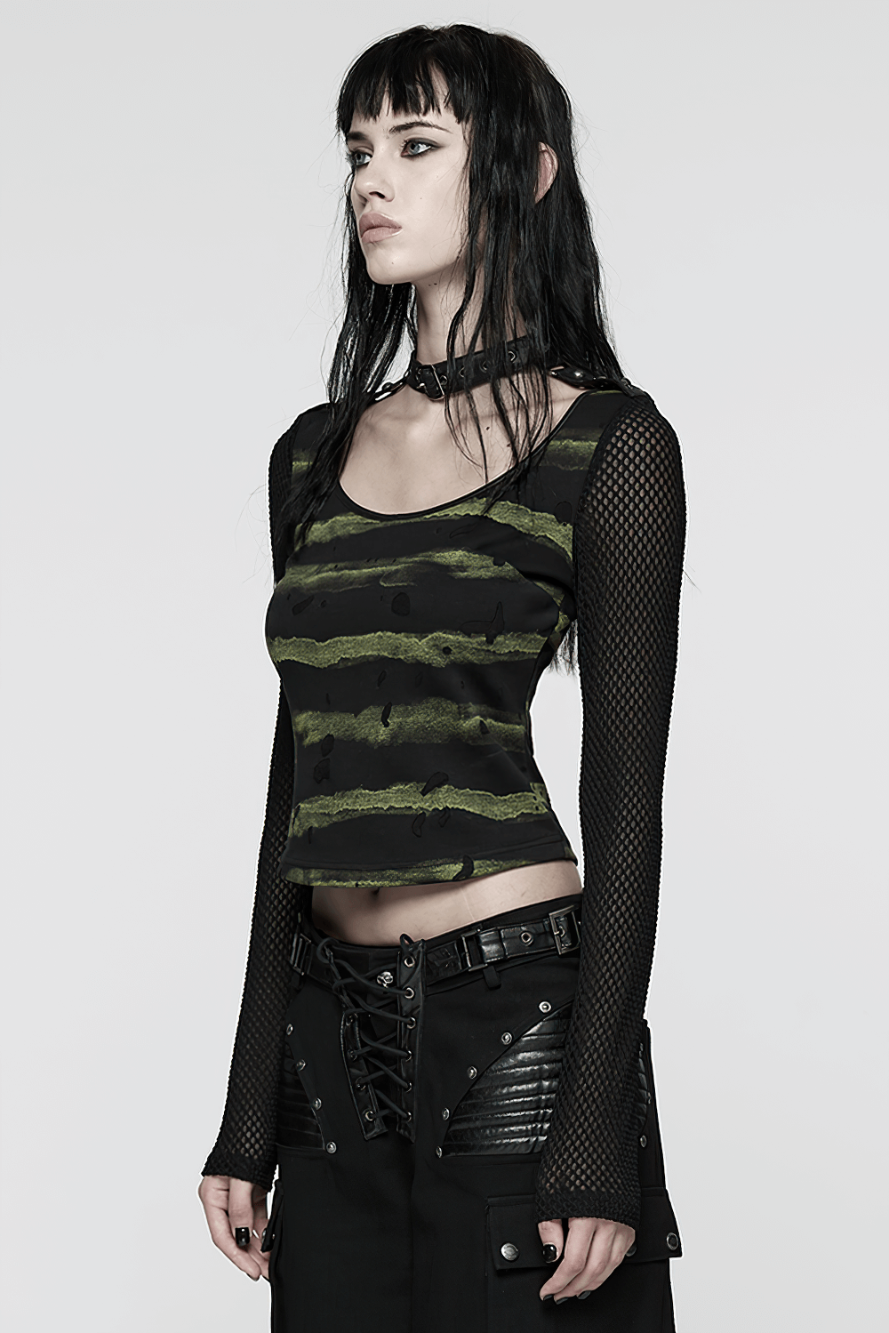 Punk Striped Mesh Long Sleeve Top with Tattered Fabric featuring a bold stripe design and edgy mesh arms.