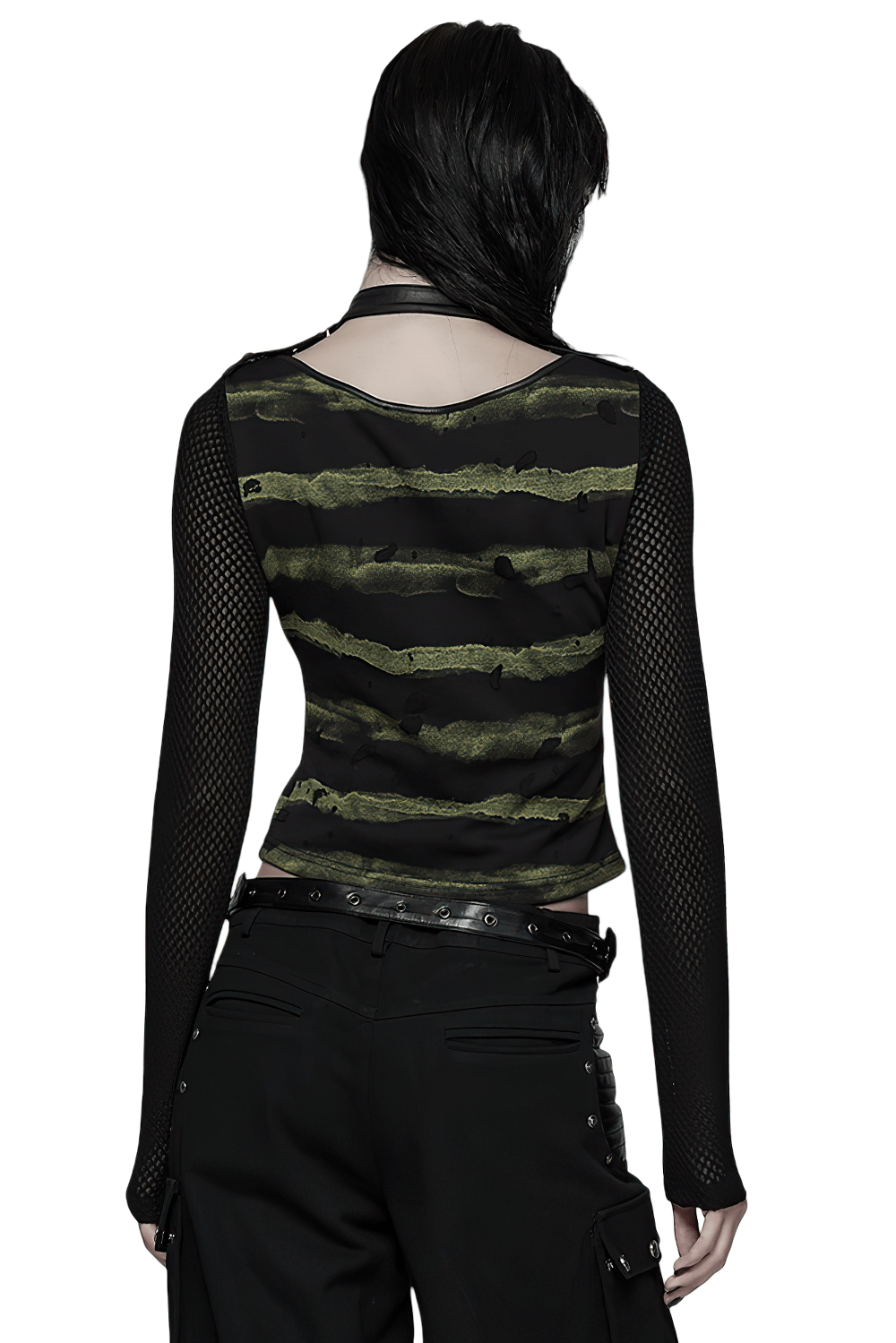 Punk Striped Mesh Long Sleeve Top with Tattered Fabric showing back view with stripes and mesh arms.