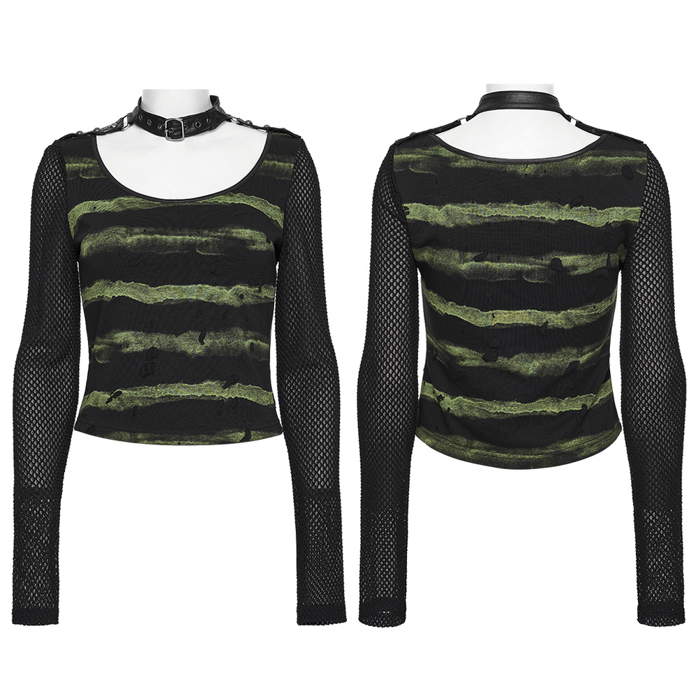Punk Striped Mesh Long Sleeve Top with Tattered Fabric featuring bold stripes and mesh arms for an edgy look.