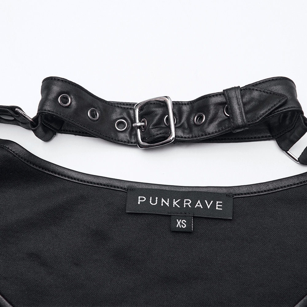 Punk Striped Mesh Long Sleeve Top with Tattered Fabric showing the edgy loop collar detail and tag.